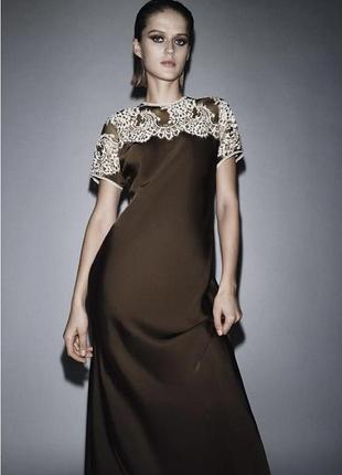 Zara satin lace dress limited edition сукня міді m плаття платье коричневое с кружевом
