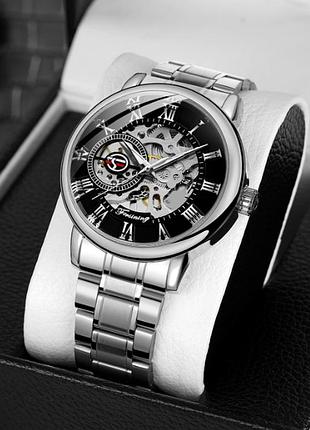 Мужские механические часы наручные forsining skeleton s838-2, виннер скелетон серебро с черным