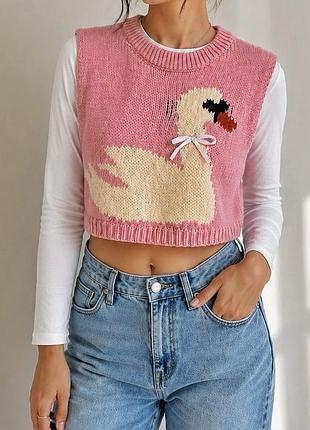 Вкорочений вʼязаний жилет з качечкою🎀