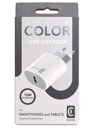 Мережевий зарядний пристрій cellularline style color 12w usb-a 2.4a, білий (achusbsmart12ww)