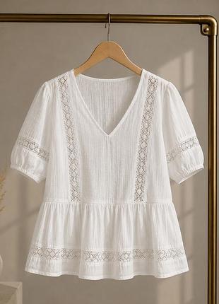 Блуза f&f 100% бавовна біла бохо з мереживом oversize (м/l/xl)