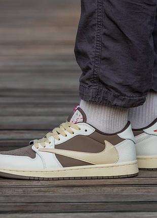 Кросівки чоловічі, кросівки жіночі, 1в1 люкс якість, шкіра, air jordan retro 1 low x travis scott og "reverse mocha", inter-1320