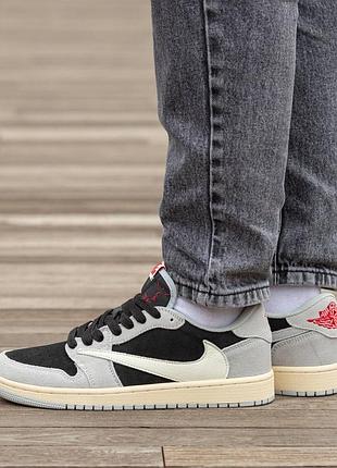 Кросівки чоловічі, кросівки жіночі, 1в1 люкс якість, шкіра, air jordan retro 1 low x travis scott og suede grey, inter-1933