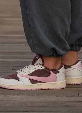 Кросівки чоловічі, кросівки жіночі, 1в1 люкс якість, шкіра, air jordan retro 1 low x travis scott pink, inter-2143
