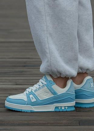 Кроссовки мужские, кроссовки женские, 1в1 люкс качество, кожа, louis vuitton lv trainer sneakers white blue, inter-2490