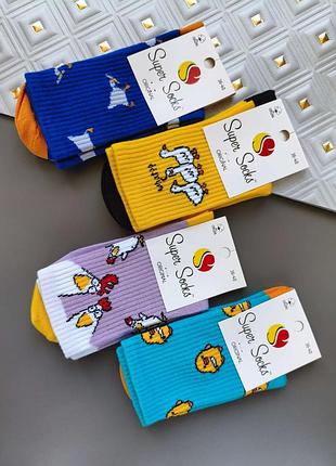 Набор 4 пары женские носки с забавными принтами super socks