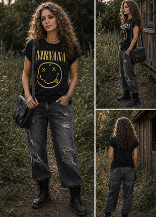 Футболка nirvana чорна зі смайлом, розмір s (eur 36), офіційний мерч, туреччина