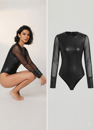 Кожаное черное боди с фатиновыми рукавами р.42-44