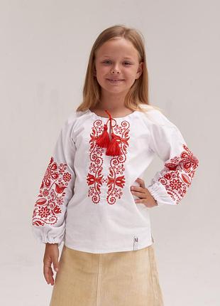 Вишиванка для дівчинки орнамент, тканина біла, орнамент червоний