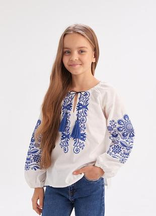 Вишиванка для дівчинки орнамент, тканина біла, орнамент синій