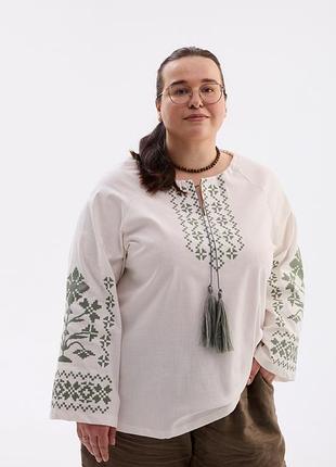 Жіноча блуза берегиня, тканина молочна, орнамент зелений