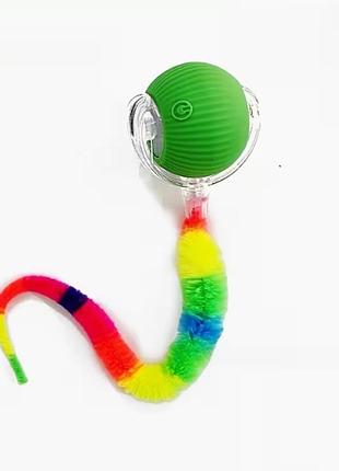 Интерактивный мячик для кошек usb, автоматическая игрушка с led-подсветкой и пушистым хвостиком зелёно-радужный