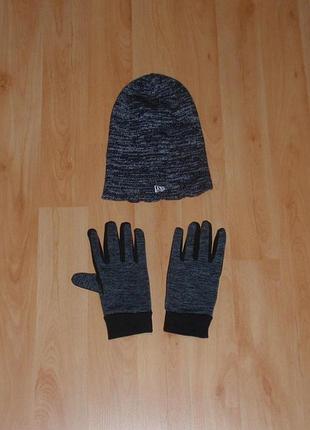 Чёрно-серый комплект шапка new era acrylic beanie grey polo ck + перчатки original l-xl nike x columbia