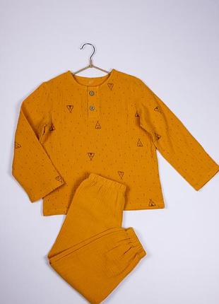 Костюм муслиновый детский для мальчика (рубашка и штаны) горчичный кmxssht-22 80-86