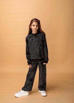 Костюм дитячий підлітковий для дівчинки (світшот і широкі штани палаццо) із двонитки з мармуровим ефектом чорний (ksdkpmd-1) 128-134