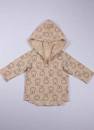 Туника муслиновая детская для мальчика с длинными рукавами и капюшоном летняя пляжная рубашка зайчики на бежевом tmx-15 92-98