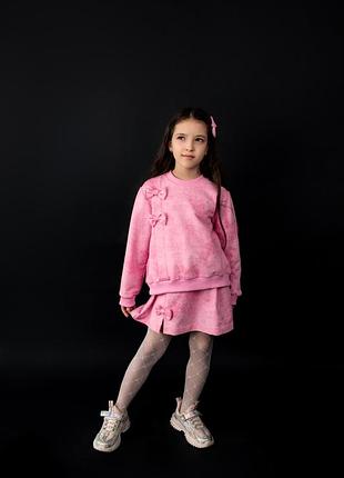 Дитячий костюм для дівчинки двійка з бантиками (світшот і спідниця) з мармуровим ефектом рожевий ksvjdmb-2 110-116