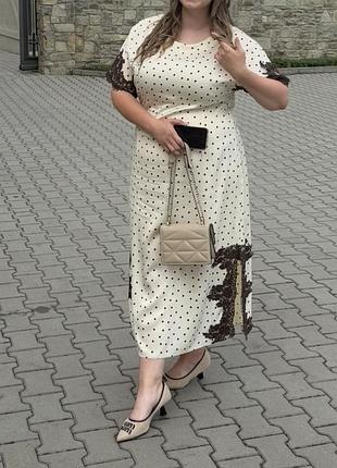 Сукня молочна вечірня святкова з ажурним кружечком в горошок