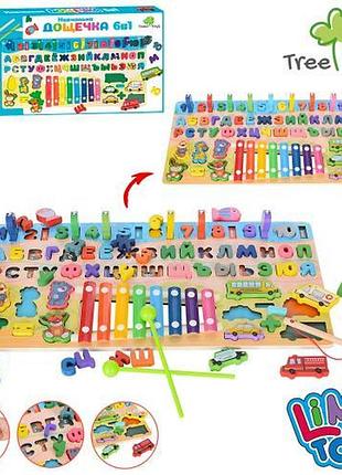 Обучающий деревянный планшет-вкладыш md 1695-ru tree toys рыбалка, животные, транспорт, цифры, буквы, ксилофон рус