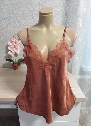 Коричневая майка с кружевом из вискозы и шелка primark edit.