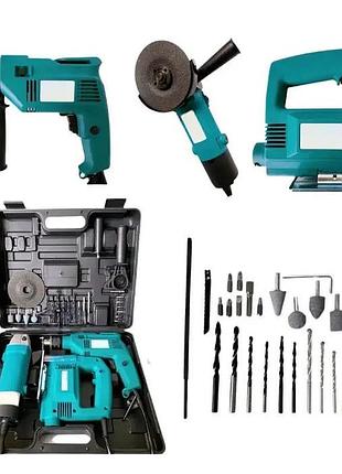 Набор инструментов 3 в 1 дрель, болгарка и лобзик в кейсе · комплект электроинструмента kp04853