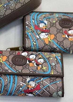Шкіряний гаманець guccі donald duck disney, гаманець шкіра, гаманець на кнопці, гаманець на блискавці