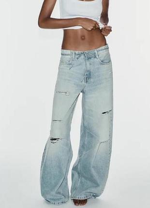 Джинсы trf baggy с поясом, потертостями и средней посадкой