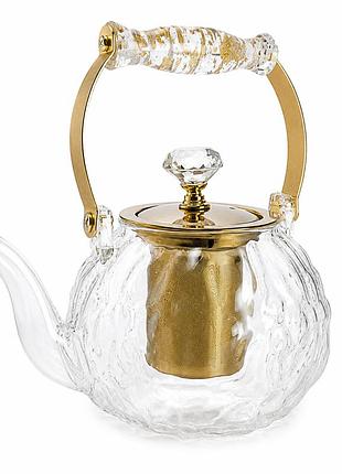 Стильний скляний чайник masala gk-5812 1 л із золотистими елементами та зручним заварювальним фільтром прозорий