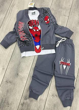 Дитячий спортивний костюм spider-man (людина-павук) 3-в-1 для хлопчика- бомбер, футболка та штани, сірий 110-116