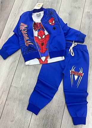 Дитячий спортивний костюм spider-man (людина-павук) 3-в-1 для хлопчика- бомбер, футболка та штани, синя 104-110