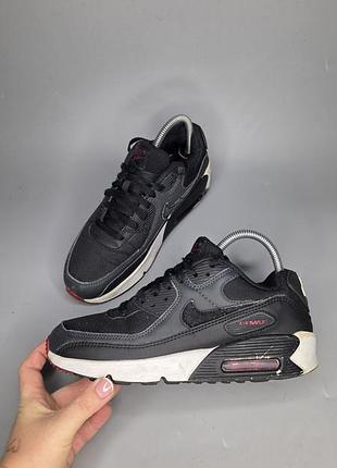 Кросівки nike air max 90 у забарвленні "black/anthracite-team red"  з чорним сітчастим та шкіряним верхом, білою підошвою і червоними акцентами