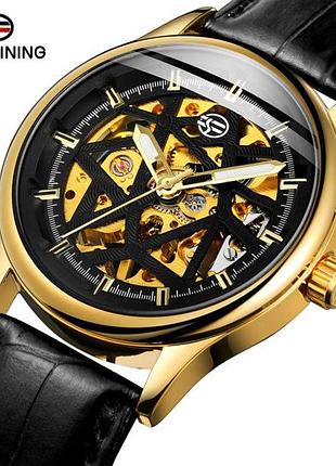 Стильний наручний чоловічий годинник forsining arrow black skeleton