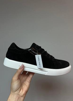 Чоловіч кеди, чорні шкіряні кросівки, теплі кеди зі шкіри calvin klein