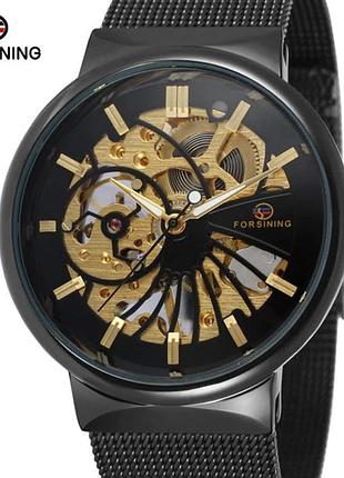 Стильные мужские наручные часы forsining elegant black skeleton
