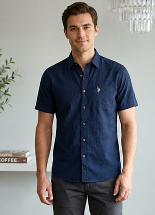 Чоловіча сорочка u.s. polo assn. темно-синя жатка l 48–50