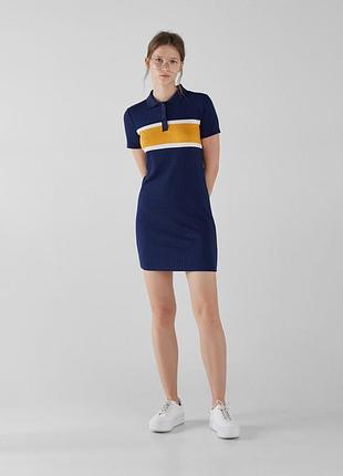Синя сукня-поло bershka в рубчик із жовто-білою смугою, розмір s (стан ідеальний)