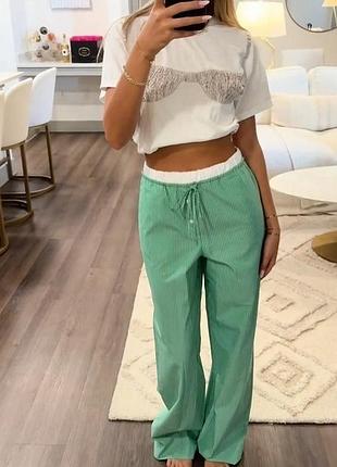 Хлопковые легкие яркие зеленые брюки в полоску в пижамном стиле zara
 ✨✨✨✨✨✨✨✨✨✨