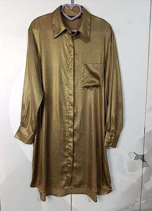 Платье рубашка золотистое zara, размер л (pr)