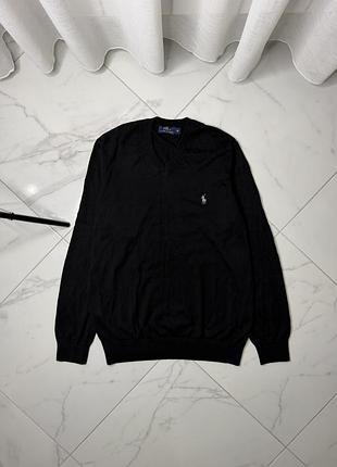 Чорний брендовий светр polo ralph lauren бавовна v-neck (розмір xl)
