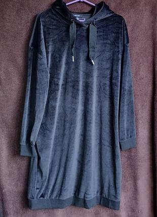 Платье худи, велюровое, теплое,  черное, l-xl