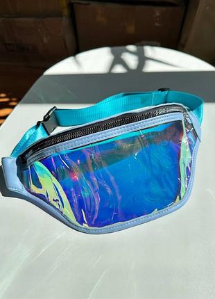 Сумка женская голубая поясная hologram с дефектом