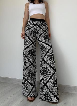 Штаны george брюки черно белые новые с биркой палаццо широкие свободные wide leg высокая талия посадка на резинке цветочный принт хлопок бохо хиппи