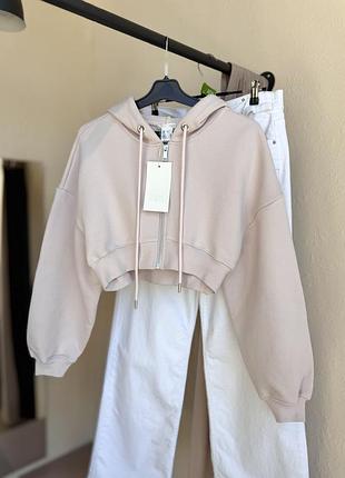 Новая зипка zara худи на замке кофта укороченная спортивная пудровая