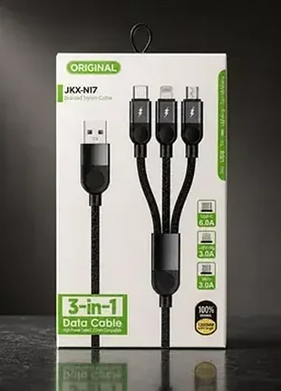Зарядний кабель 3 в 1 у нейлоновому плетінні, usb: type-c + lightning + micro usb, швидке заряджання до 6a