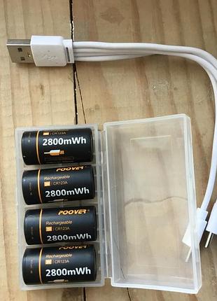 Комплект акумуляторів poover cr123a / rcr123a — 4 шт. + usb-кабель