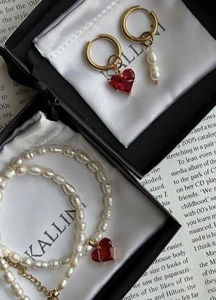 Новий набір прикрас kallini jet'aime red в золотій фурнітурі
