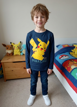 Темно-синий реглан, на мальчика, с длинными рукавами и принтом пикачу, pokémon, рост 128/134