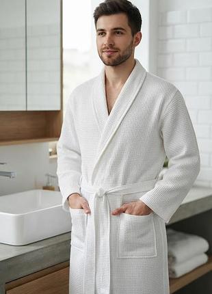 Белый вафельный халат cotton traders m/l, легкий домашний халат на запах унисекс