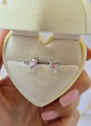 Серебряные сережки гвоздики на закрутках птички с розовыми камнями серебро 925 пробы родированное 5000134р 1.60г