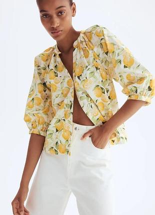 Блуза в лимоны  h&m поплин рукава-буфы свободный крой